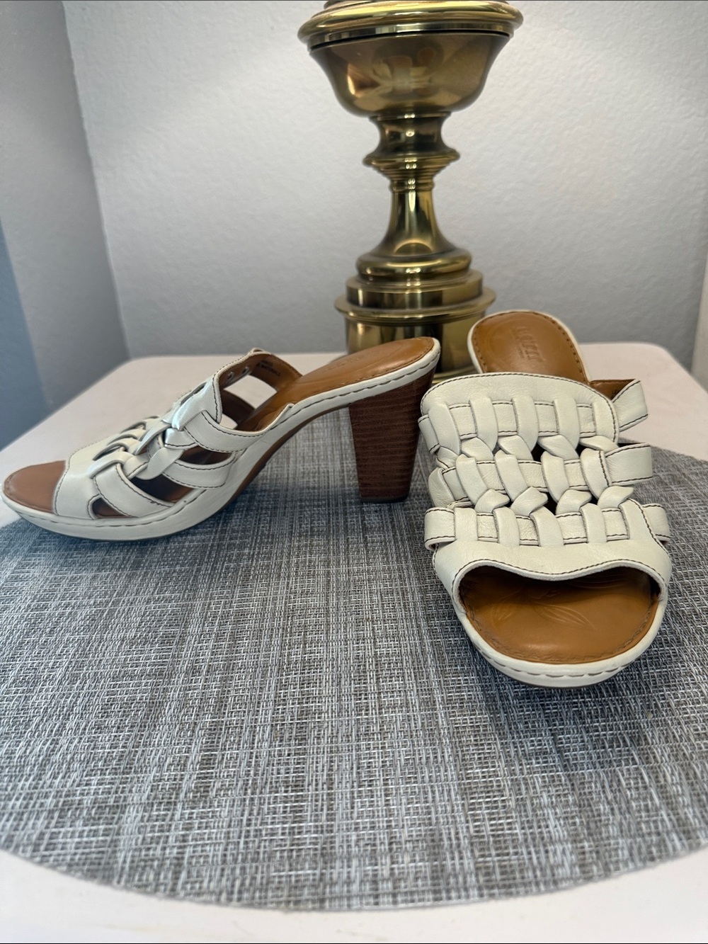 Born White Woven Leather Slide Heels